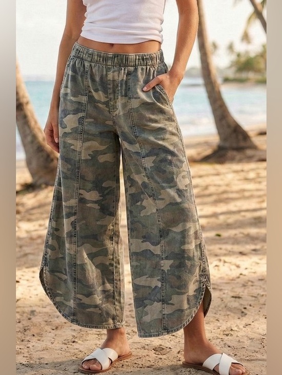 Pants - LovLov Camo Wide-Leg Elastic Waist Crop Pants - Green Camo